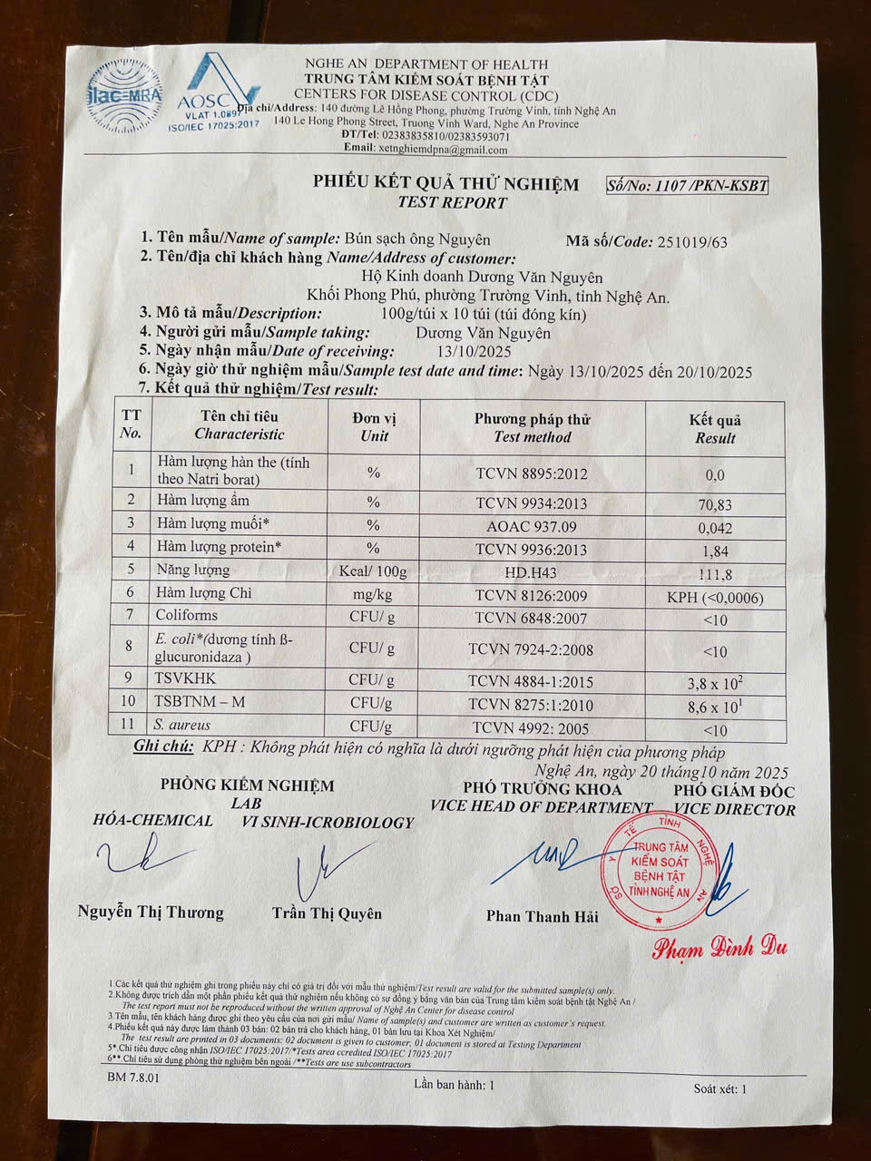 Phiếu kết quả thử nghiệm chất lượng