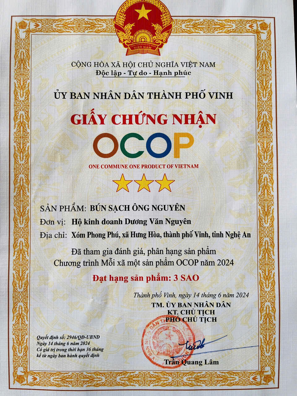 Giấy chứng nhận OCOP 3 sao